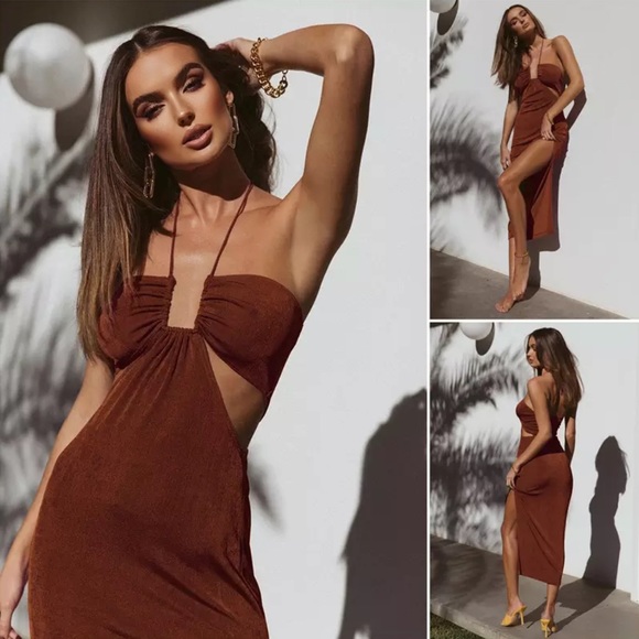 Vienna Cut Out Bronze Slit Maxi Semi Sheer - Picture 1 of 15